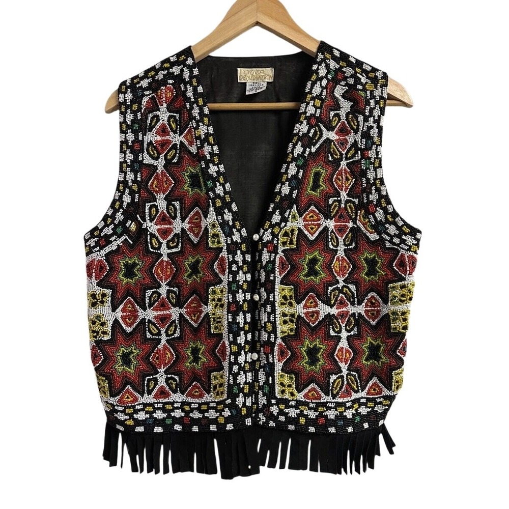 OTHER DESTINATION Beaded Fringe Vest Silk Ivory Black Red Yellow Boho Festival S